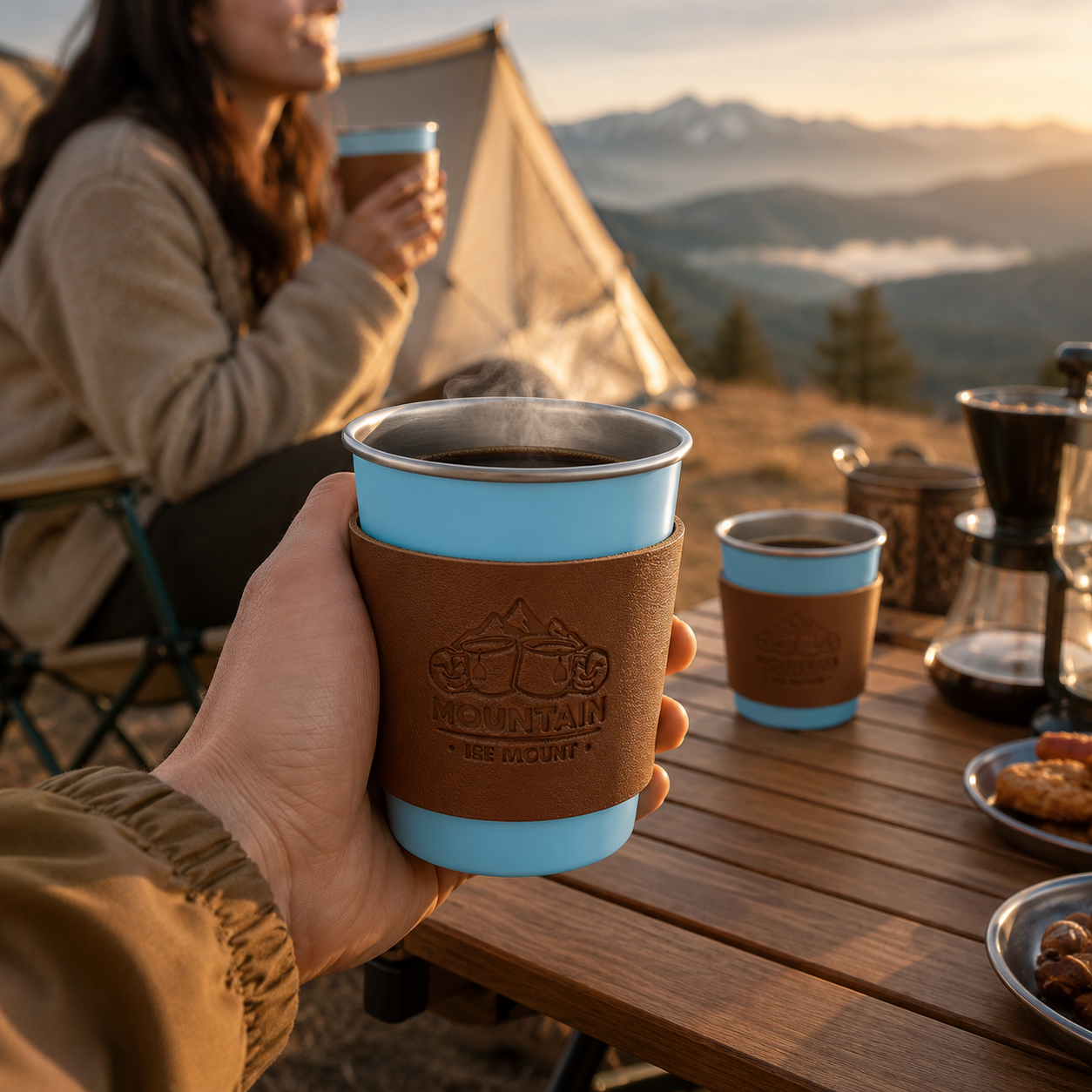 Blue 304 Stainless Steel Camping Coffee Cup  with Leather Sleeve â€“ 350ml Portable Outdoor Drinking Cup, Beer Cup, Travel Mug for Camping, Hiking, Picnic and Daily Coffee