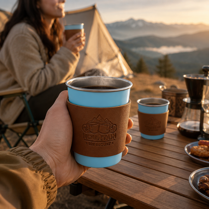 Blue 304 Stainless Steel Camping Coffee Cup  with Leather Sleeve â€“ 350ml Portable Outdoor Drinking Cup, Beer Cup, Travel Mug for Camping, Hiking, Picnic and Daily Coffee