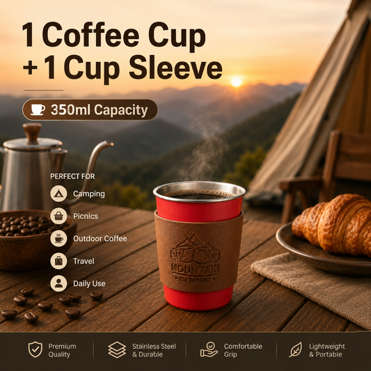 Red 304 Stainless Steel Camping Coffee Cup  with Leather Sleeve â€“ 350ml Portable Outdoor Drinking Cup, Beer Cup, Travel Mug for Camping, Hiking, Picnic and Daily Coffee