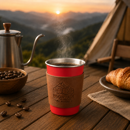 Red 304 Stainless Steel Camping Coffee Cup  with Leather Sleeve â€“ 350ml Portable Outdoor Drinking Cup, Beer Cup, Travel Mug for Camping, Hiking, Picnic and Daily Coffee