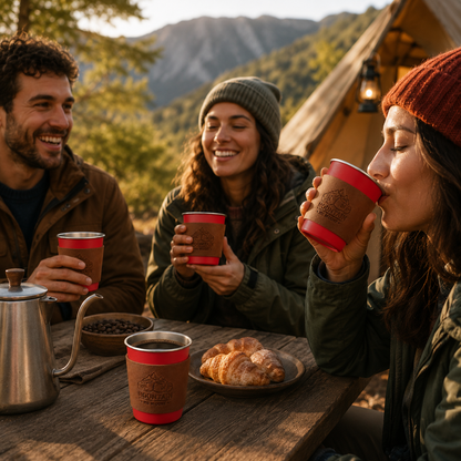 Red 304 Stainless Steel Camping Coffee Cup  with Leather Sleeve â€“ 350ml Portable Outdoor Drinking Cup, Beer Cup, Travel Mug for Camping, Hiking, Picnic and Daily Coffee