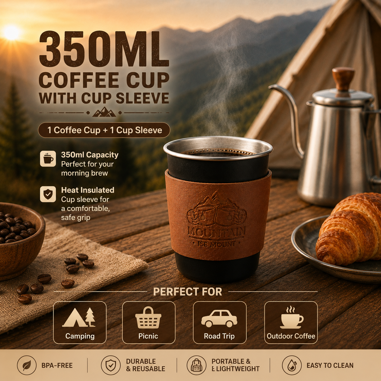 Black 304 Stainless Steel Camping Coffee Cup  with Leather Sleeve â€“ 350ml Portable Outdoor Drinking Cup, Beer Cup, Travel Mug for Camping, Hiking, Picnic and Daily Coffee