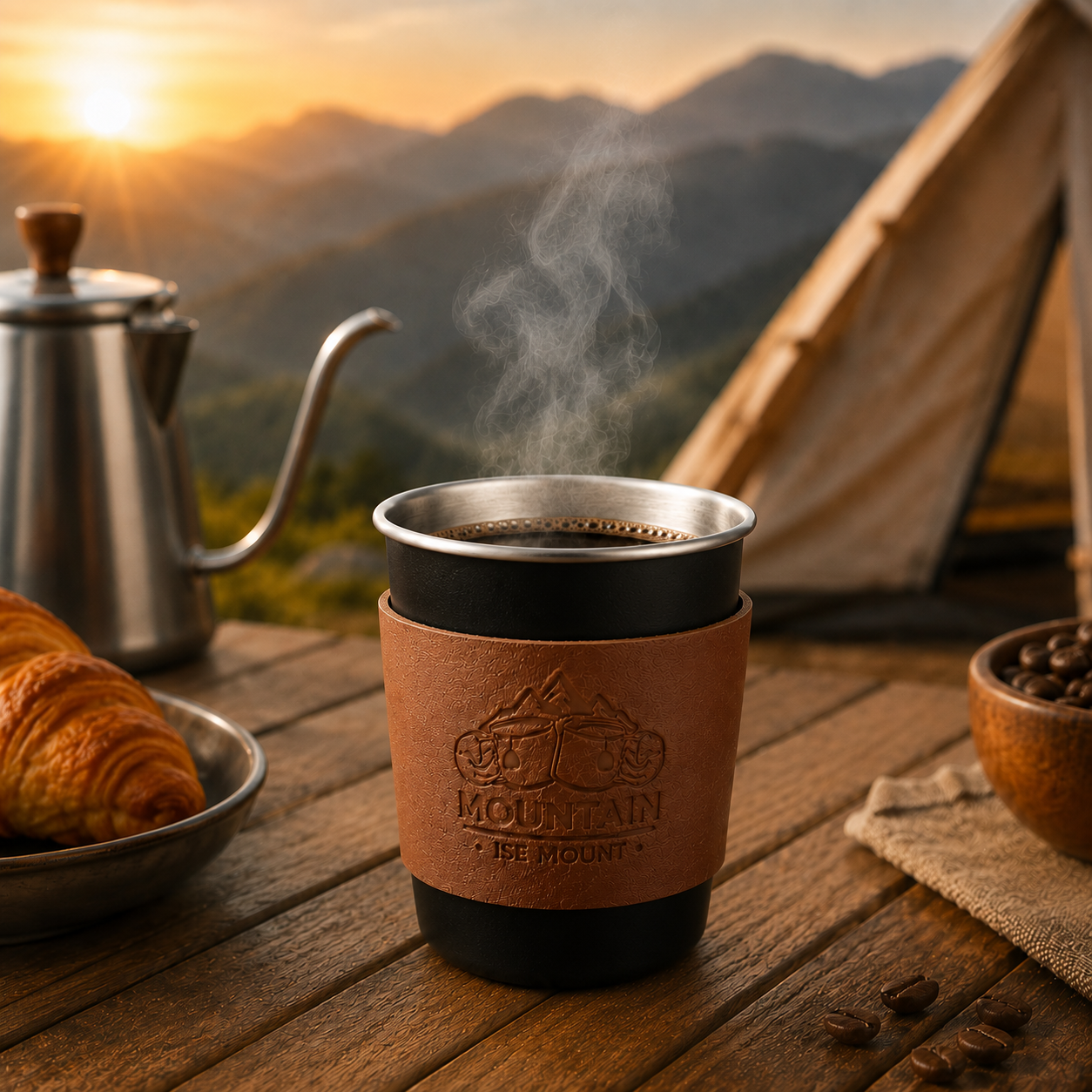 Black 304 Stainless Steel Camping Coffee Cup  with Leather Sleeve â€“ 350ml Portable Outdoor Drinking Cup, Beer Cup, Travel Mug for Camping, Hiking, Picnic and Daily Coffee
