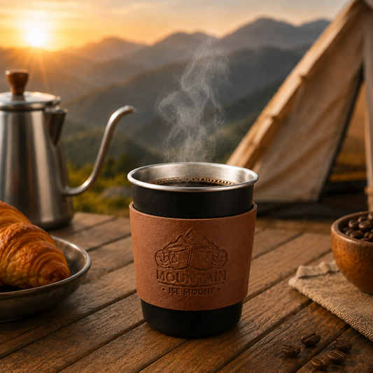 Black 304 Stainless Steel Camping Coffee Cup  with Leather Sleeve â€“ 350ml Portable Outdoor Drinking Cup, Beer Cup, Travel Mug for Camping, Hiking, Picnic and Daily Coffee