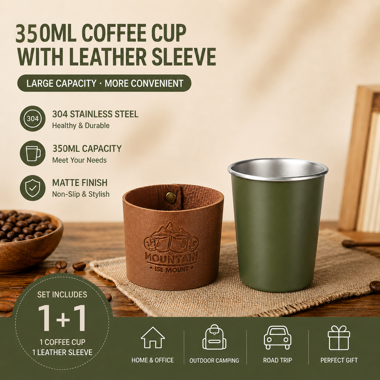 Green 304 Stainless Steel Camping Coffee Cup  with Leather Sleeve â€“ 350ml Portable Outdoor Drinking Cup, Beer Cup, Travel Mug for Camping, Hiking, Picnic and Daily Coffee