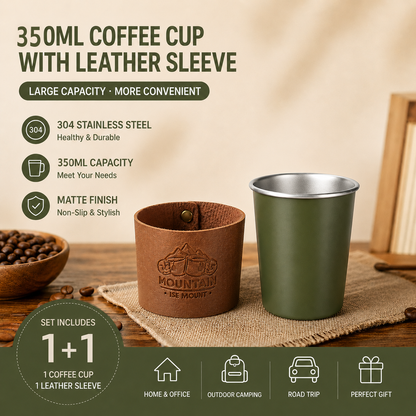 Green 304 Stainless Steel Camping Coffee Cup  with Leather Sleeve â€“ 350ml Portable Outdoor Drinking Cup, Beer Cup, Travel Mug for Camping, Hiking, Picnic and Daily Coffee