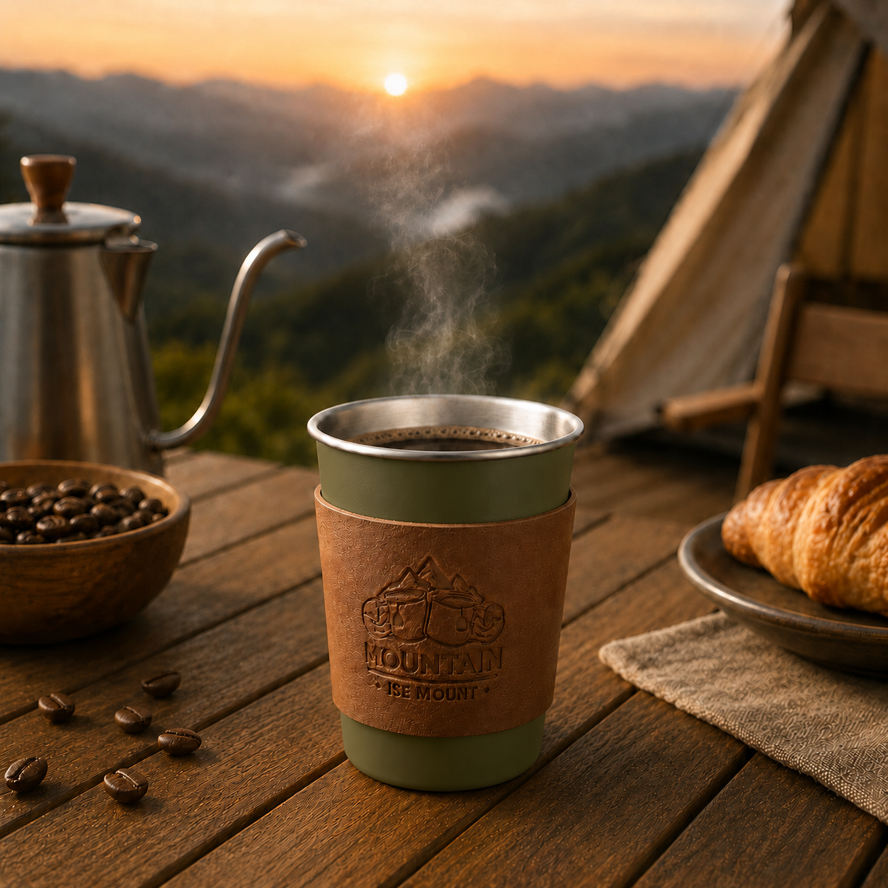 Green 304 Stainless Steel Camping Coffee Cup  with Leather Sleeve â€“ 350ml Portable Outdoor Drinking Cup, Beer Cup, Travel Mug for Camping, Hiking, Picnic and Daily Coffee