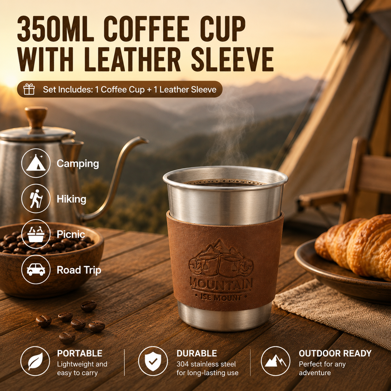 Silver 304 Stainless Steel Camping Coffee Cup  with Leather Sleeve â€“ 350ml Portable Outdoor Drinking Cup, Beer Cup, Travel Mug for Camping, Hiking, Picnic and Daily Coffee