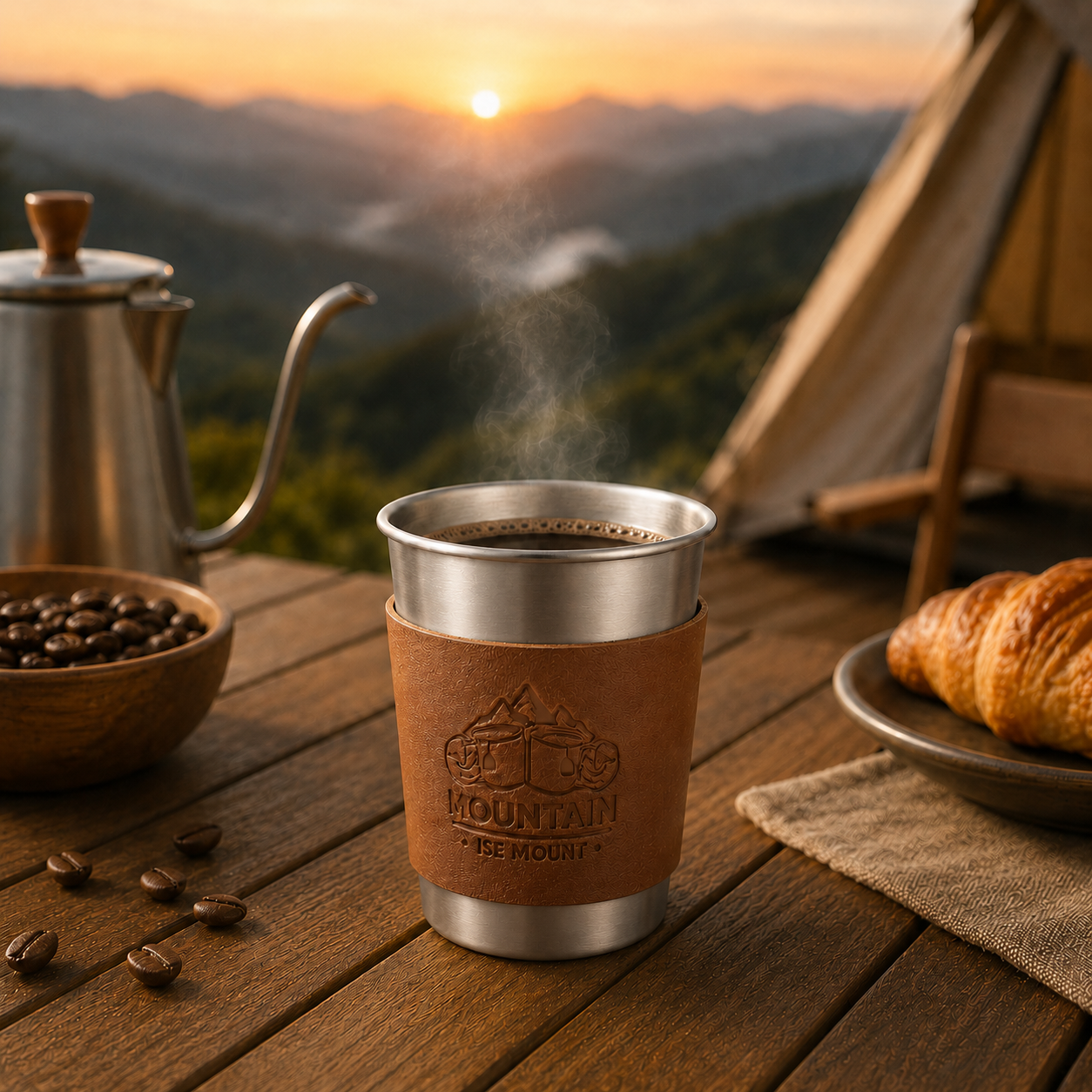 Silver 304 Stainless Steel Camping Coffee Cup  with Leather Sleeve â€“ 350ml Portable Outdoor Drinking Cup, Beer Cup, Travel Mug for Camping, Hiking, Picnic and Daily Coffee