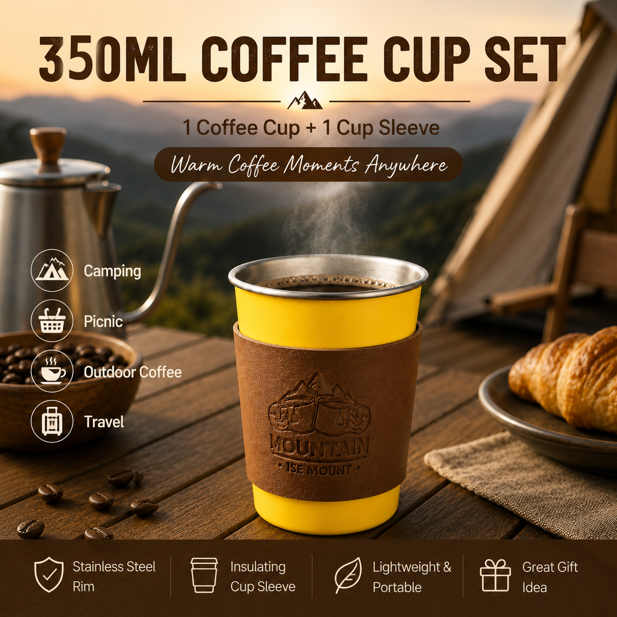 Yellow 304 Stainless Steel Camping Coffee Cup  with Leather Sleeve â€“ 350ml Portable Outdoor Drinking Cup, Beer Cup, Travel Mug for Camping, Hiking, Picnic and Daily Coffee