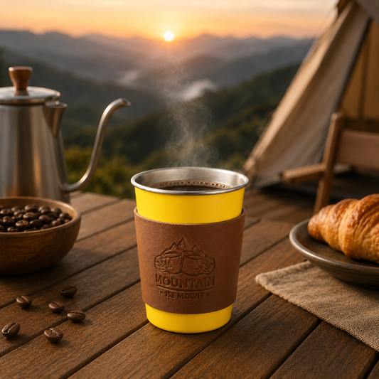 Yellow 304 Stainless Steel Camping Coffee Cup  with Leather Sleeve â€“ 350ml Portable Outdoor Drinking Cup, Beer Cup, Travel Mug for Camping, Hiking, Picnic and Daily Coffee