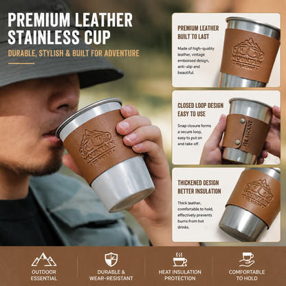 Yellow 304 Stainless Steel Camping Coffee Cup  with Leather Sleeve â€“ 350ml Portable Outdoor Drinking Cup, Beer Cup, Travel Mug for Camping, Hiking, Picnic and Daily Coffee