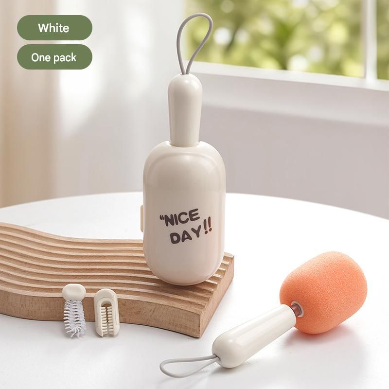 White Portable 3-in-1 Cup Cleaning Brush Set â€“ Extendable long-handled sponge head cup brush, silicone rim brush, and crevice brush; travel cup cleaner with storage case