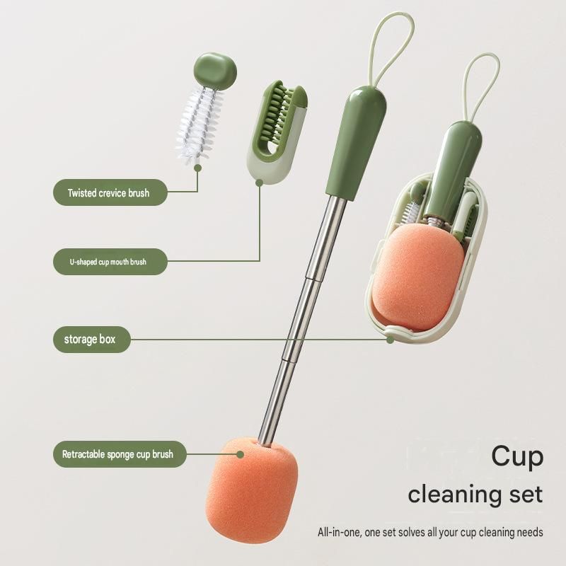 White Portable 3-in-1 Cup Cleaning Brush Set â€“ Extendable long-handled sponge head cup brush, silicone rim brush, and crevice brush; travel cup cleaner with storage case