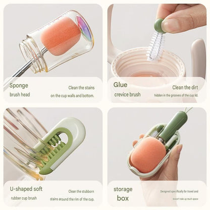 White Portable 3-in-1 Cup Cleaning Brush Set â€“ Extendable long-handled sponge head cup brush, silicone rim brush, and crevice brush; travel cup cleaner with storage case