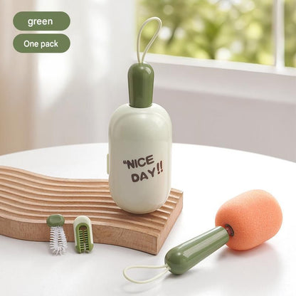 Green Portable 3-in-1 Cup Cleaning Brush Set â€“ Extendable long-handled sponge head cup brush, silicone rim brush, and crevice brush; travel cup cleaner with storage case