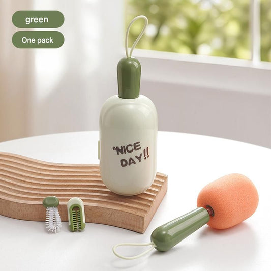 Green Portable 3-in-1 Cup Cleaning Brush Set â€“ Extendable long-handled sponge head cup brush, silicone rim brush, and crevice brush; travel cup cleaner with storage case