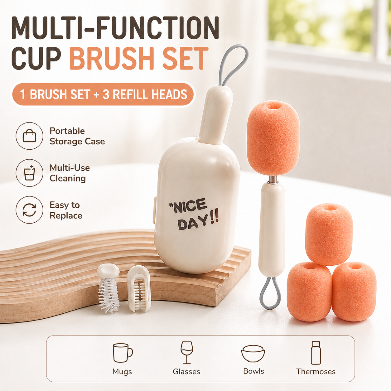 White Portable 3-in-1 Cup Cleaning Brush Set with 3 Replacement Sponge Heads â€“ Retractable Long Handle Bottle Brush for Travel Mugs, Coffee Cups, Water Bottles, Tumblers,Camping, Office & Home Use
