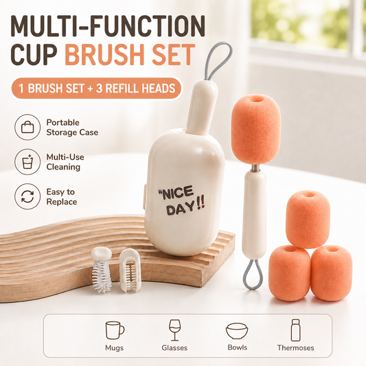 White Portable 3-in-1 Cup Cleaning Brush Set with 3 Replacement Sponge Heads â€“ Retractable Long Handle Bottle Brush for Travel Mugs, Coffee Cups, Water Bottles, Tumblers,Camping, Office & Home Use