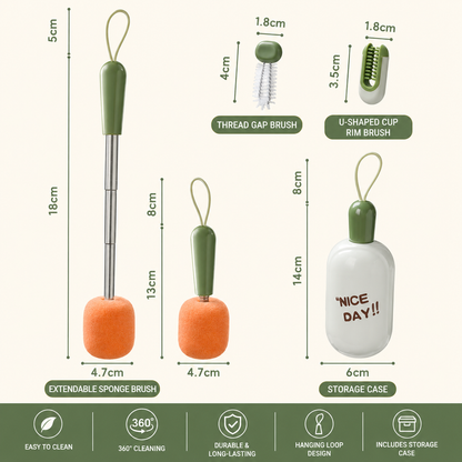 White Portable 3-in-1 Cup Cleaning Brush Set with 3 Replacement Sponge Heads â€“ Retractable Long Handle Bottle Brush for Travel Mugs, Coffee Cups, Water Bottles, Tumblers,Camping, Office & Home Use