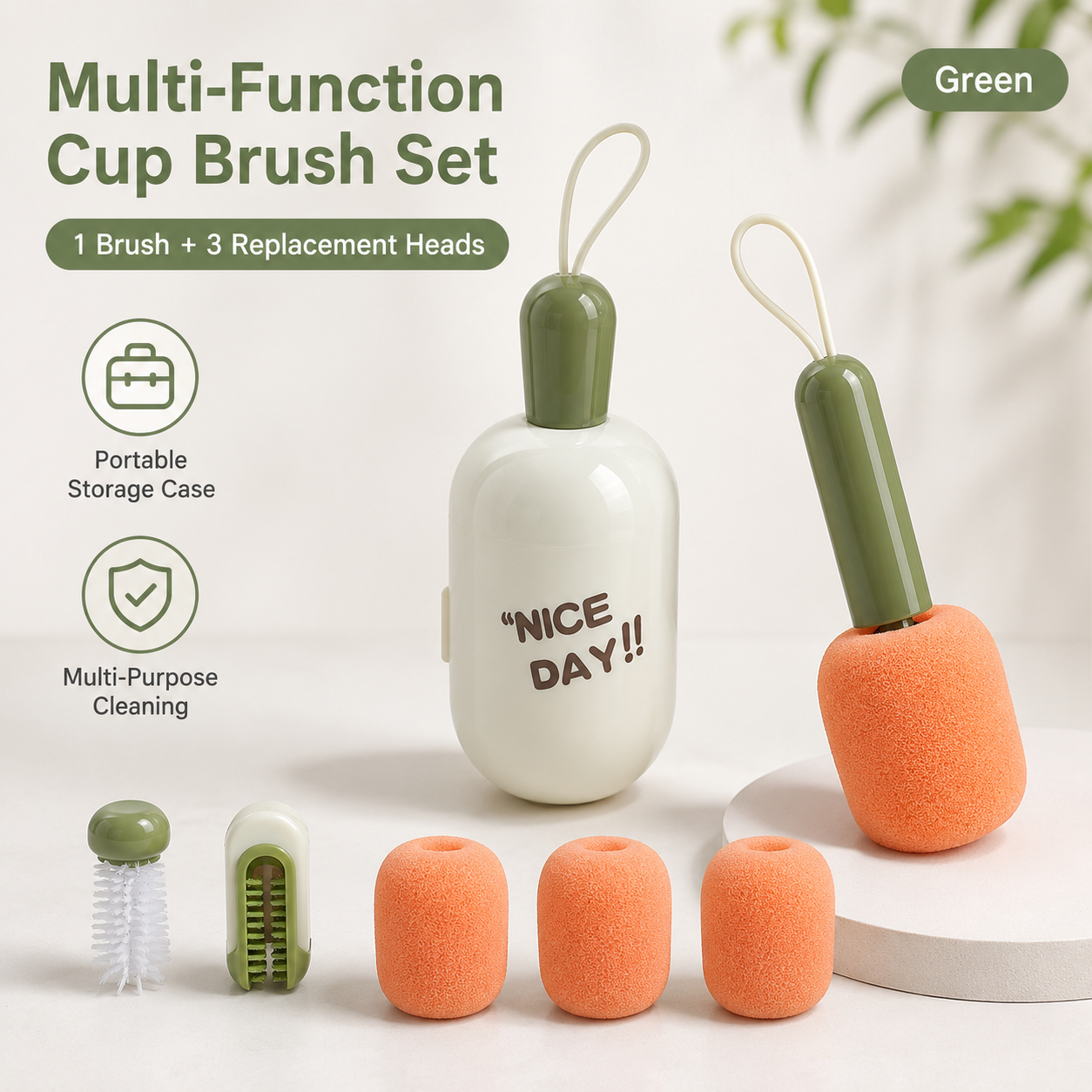 Green Portable 3-in-1 Cup Cleaning Brush Set with 3 Replacement Sponge Heads â€“ Retractable Long Handle Bottle Brush for Travel Mugs, Coffee Cups, Water Bottles, Tumblers,Camping, Office & Home Use