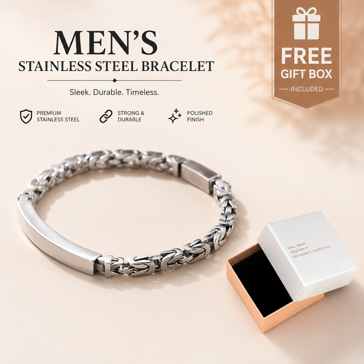 Men's Stainless Steel Byzantine Link Bracelet 18cm (7.09in) â€“ Vintage Woven Chain Bangle, Minimalist ID Plate, Secure Clasp, Everyday Casual, Business, Anniversary Gift