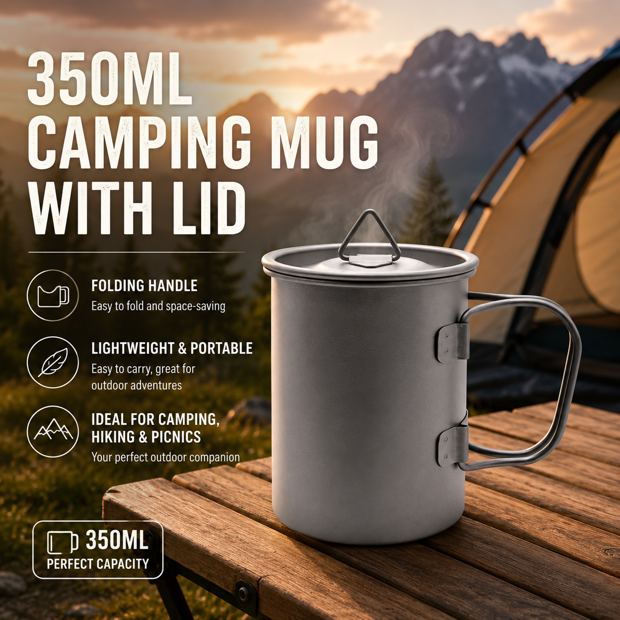 Camping Mug 350ml (11.83oz) with Lid â€“ Ultra Lightweight Titanium Coffee Cup, Foldable Handle Outdoor Water Cup for Camping, Hiking, Travel, Backpacking and Adventure