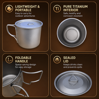 Camping Mug 400ml (13.53oz) with Lid â€“ Ultra Lightweight Titanium Coffee Cup, Foldable Handle Outdoor Water Cup for Camping, Hiking, Travel, Backpacking and Adventure