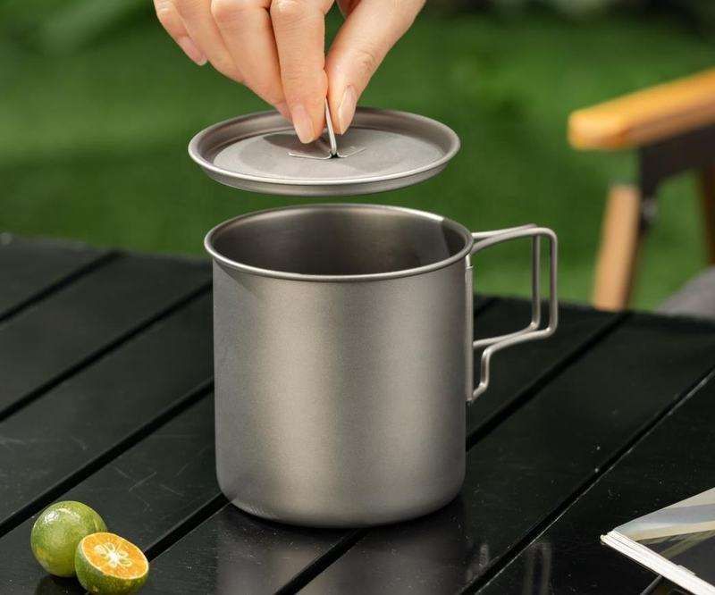 Camping Mug 500ml (16.91oz) with Lid â€“ Ultra Lightweight Titanium Coffee Cup, Foldable Handle Outdoor Water Cup for Camping, Hiking, Travel, Backpacking and Adventure