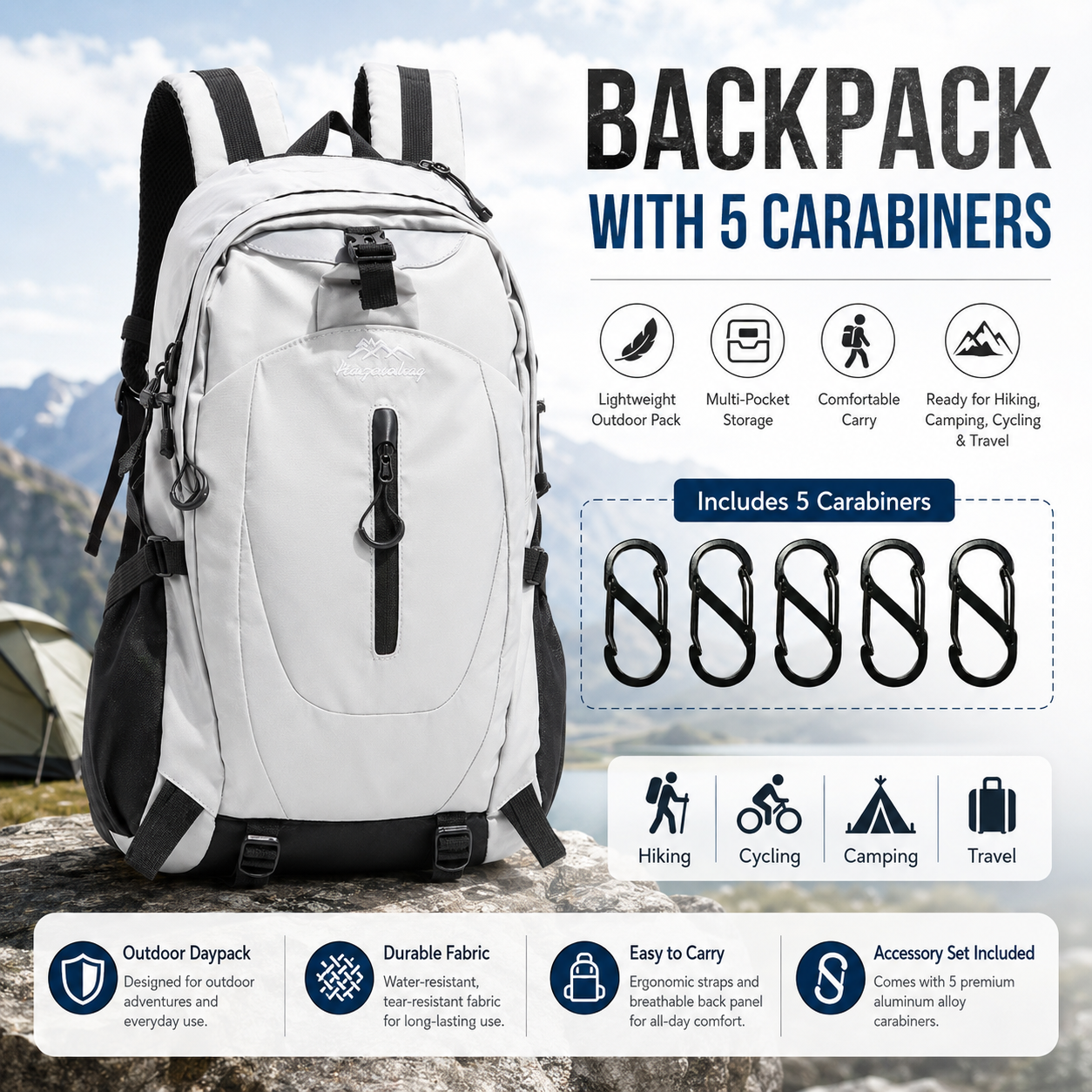 Gray Hiking Backpack with 5 Carabiners Included â€“ Lightweight Waterproof Outdoor Daypack for Men and Women, Breathable Cycling Hiking Trekking Camping Travel Backpack