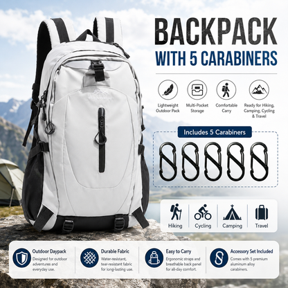 Gray Hiking Backpack with 5 Carabiners Included â€“ Lightweight Waterproof Outdoor Daypack for Men and Women, Breathable Cycling Hiking Trekking Camping Travel Backpack