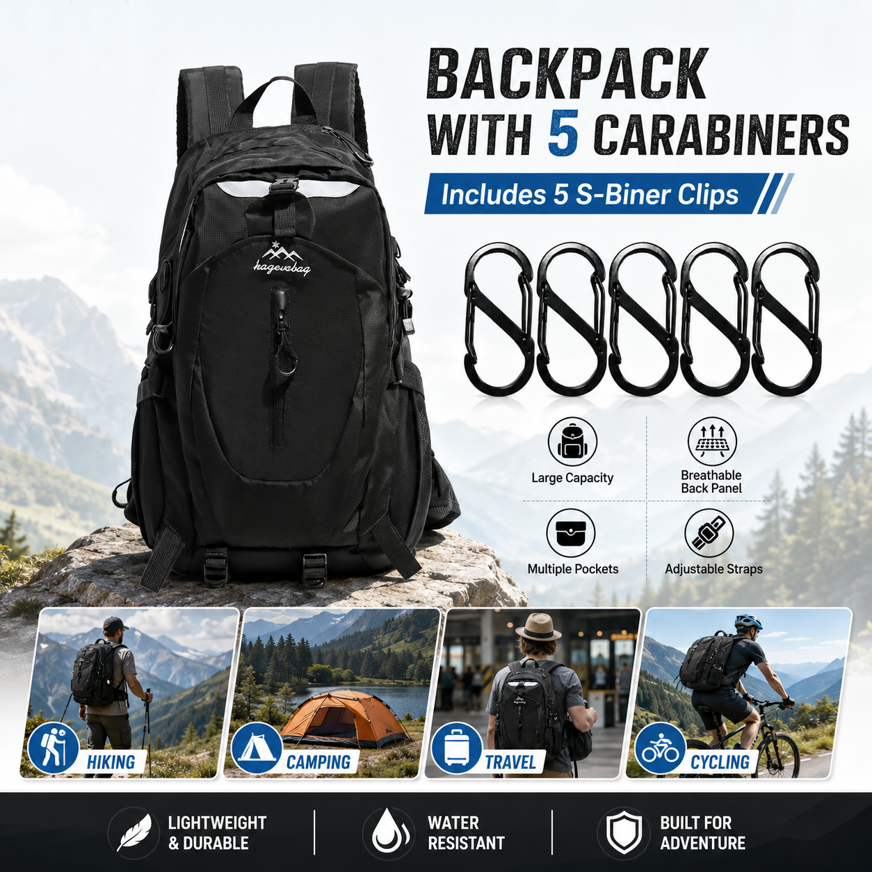 Black Hiking Backpack with 5 Carabiners Included â€“ Lightweight Waterproof Outdoor Daypack for Men and Women, Breathable Cycling Hiking Trekking Camping Travel Backpack