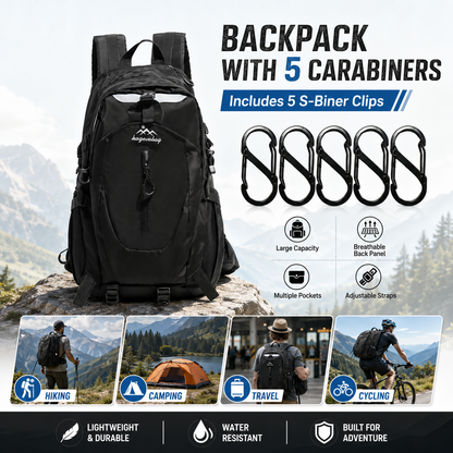 Black Hiking Backpack with 5 Carabiners Included â€“ Lightweight Waterproof Outdoor Daypack for Men and Women, Breathable Cycling Hiking Trekking Camping Travel Backpack