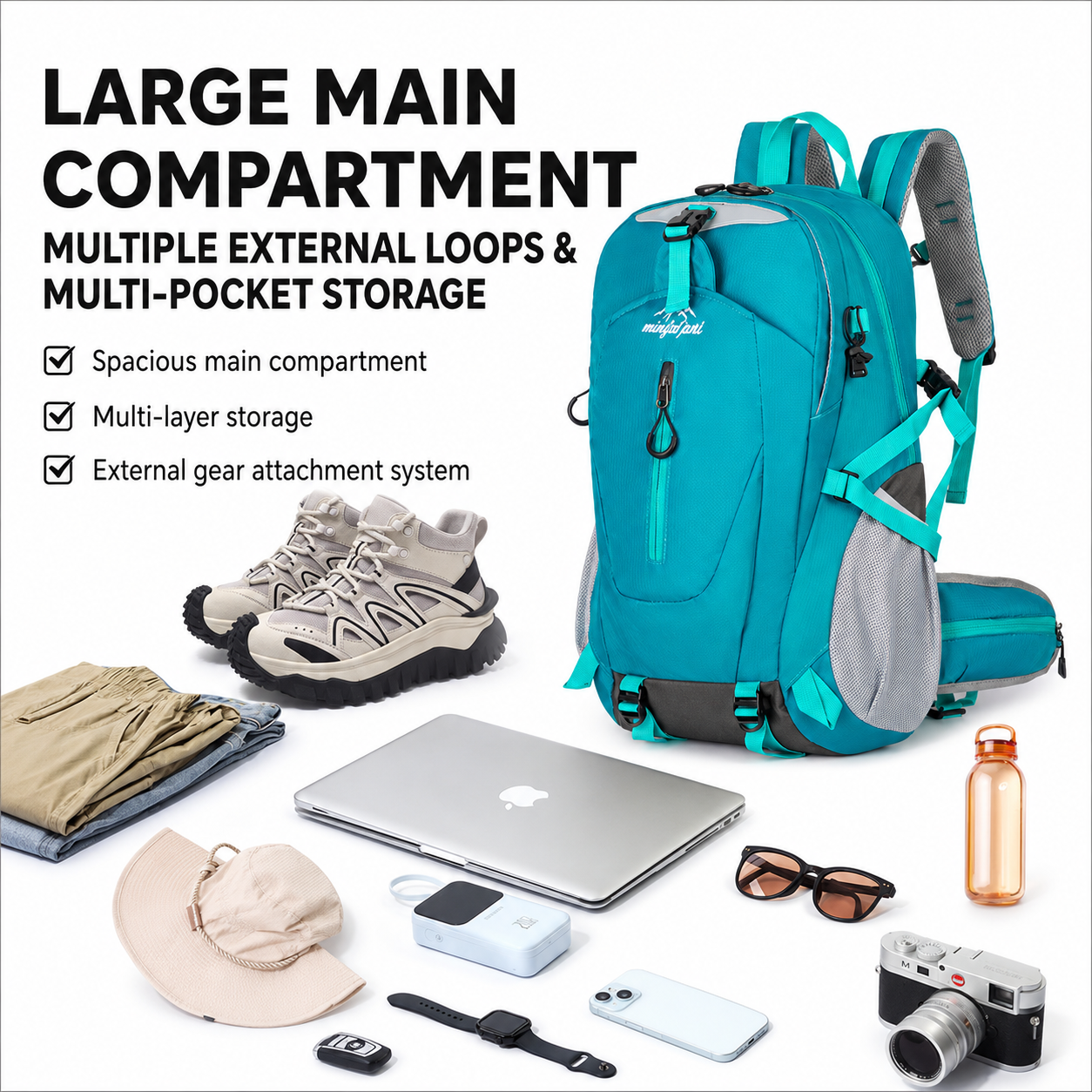 Black Hiking Backpack with 5 Carabiners Included â€“ Lightweight Waterproof Outdoor Daypack for Men and Women, Breathable Cycling Hiking Trekking Camping Travel Backpack