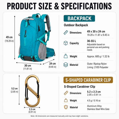 Black Hiking Backpack with 5 Carabiners Included â€“ Lightweight Waterproof Outdoor Daypack for Men and Women, Breathable Cycling Hiking Trekking Camping Travel Backpack