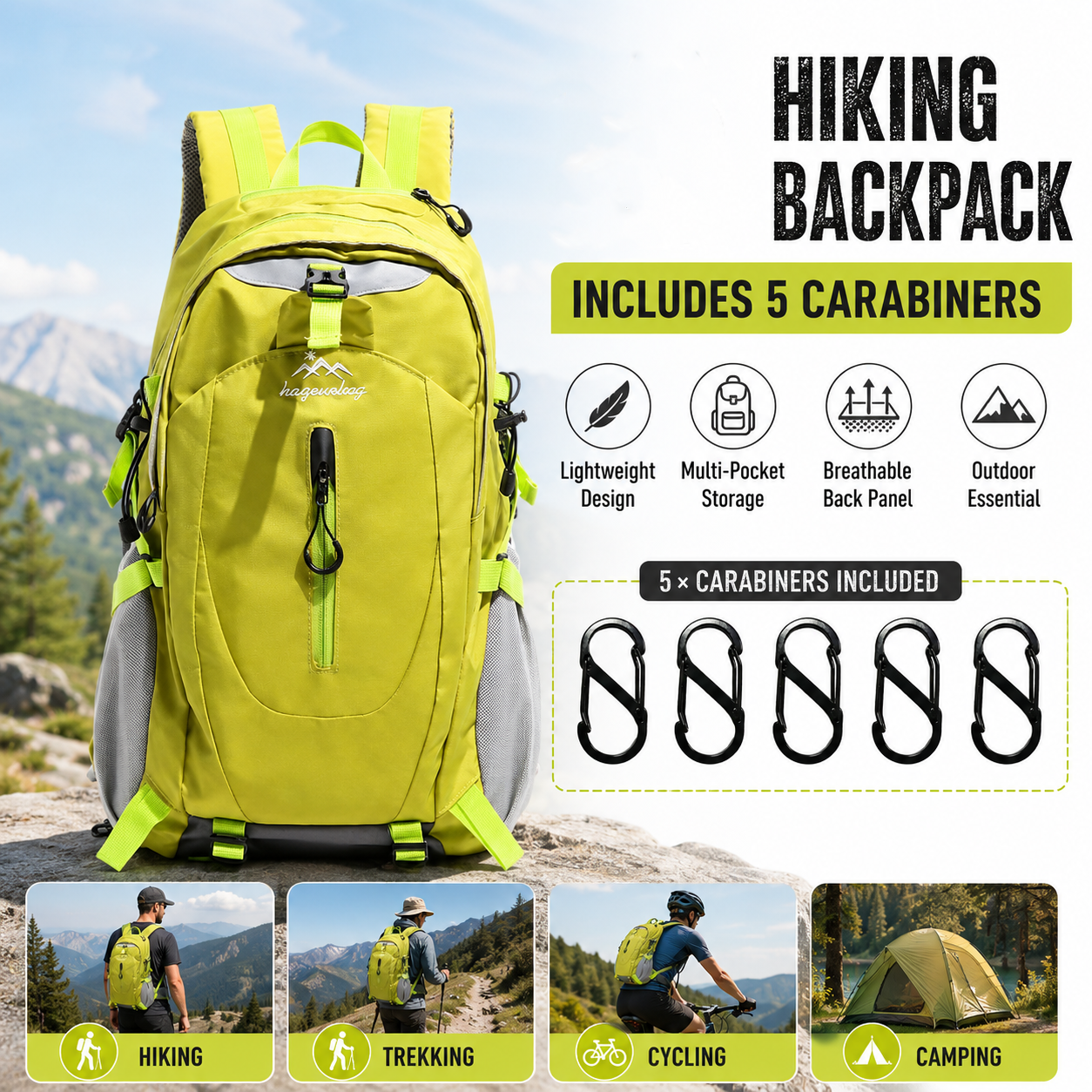 Fluorescent Green Hiking Backpack with 5 Carabiners Included â€“ Lightweight Waterproof Outdoor Daypack for Men and Women, Breathable Cycling Hiking Trekking Camping Travel Backpack