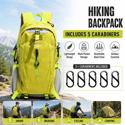 Fluorescent Green Hiking Backpack with 5 Carabiners Included â€“ Lightweight Waterproof Outdoor Daypack for Men and Women, Breathable Cycling Hiking Trekking Camping Travel Backpack