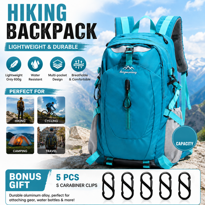 Lake Blue Hiking Backpack with 5 Carabiners Included â€“ Lightweight Waterproof Outdoor Daypack for Men and Women, Breathable Cycling Hiking Trekking Camping Travel Backpack