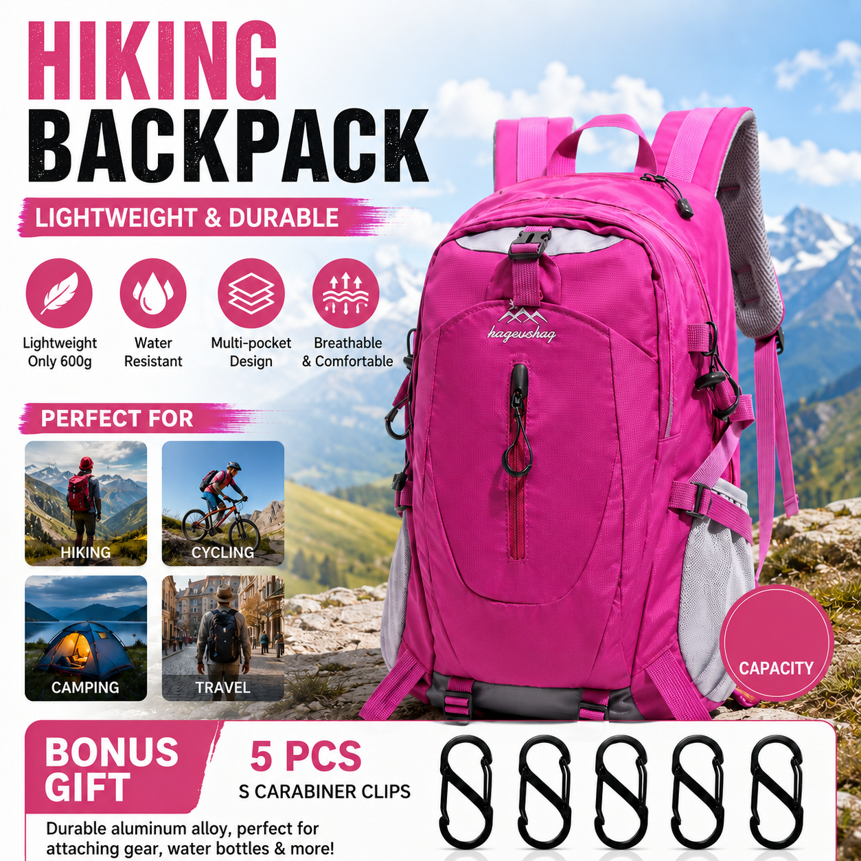 Rose Red Hiking Backpack with 5 Carabiners Included â€“ Lightweight Waterproof Outdoor Daypack for Men and Women, Breathable Cycling Hiking Trekking Camping Travel Backpack