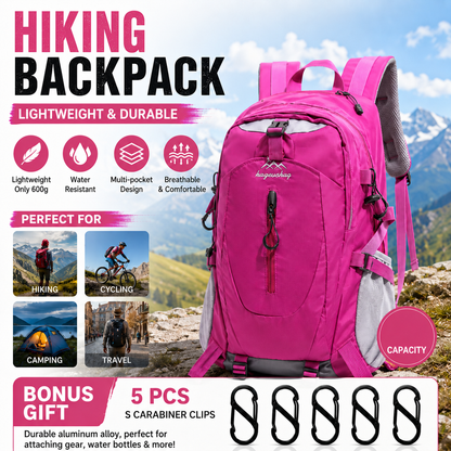 Rose Red Hiking Backpack with 5 Carabiners Included â€“ Lightweight Waterproof Outdoor Daypack for Men and Women, Breathable Cycling Hiking Trekking Camping Travel Backpack