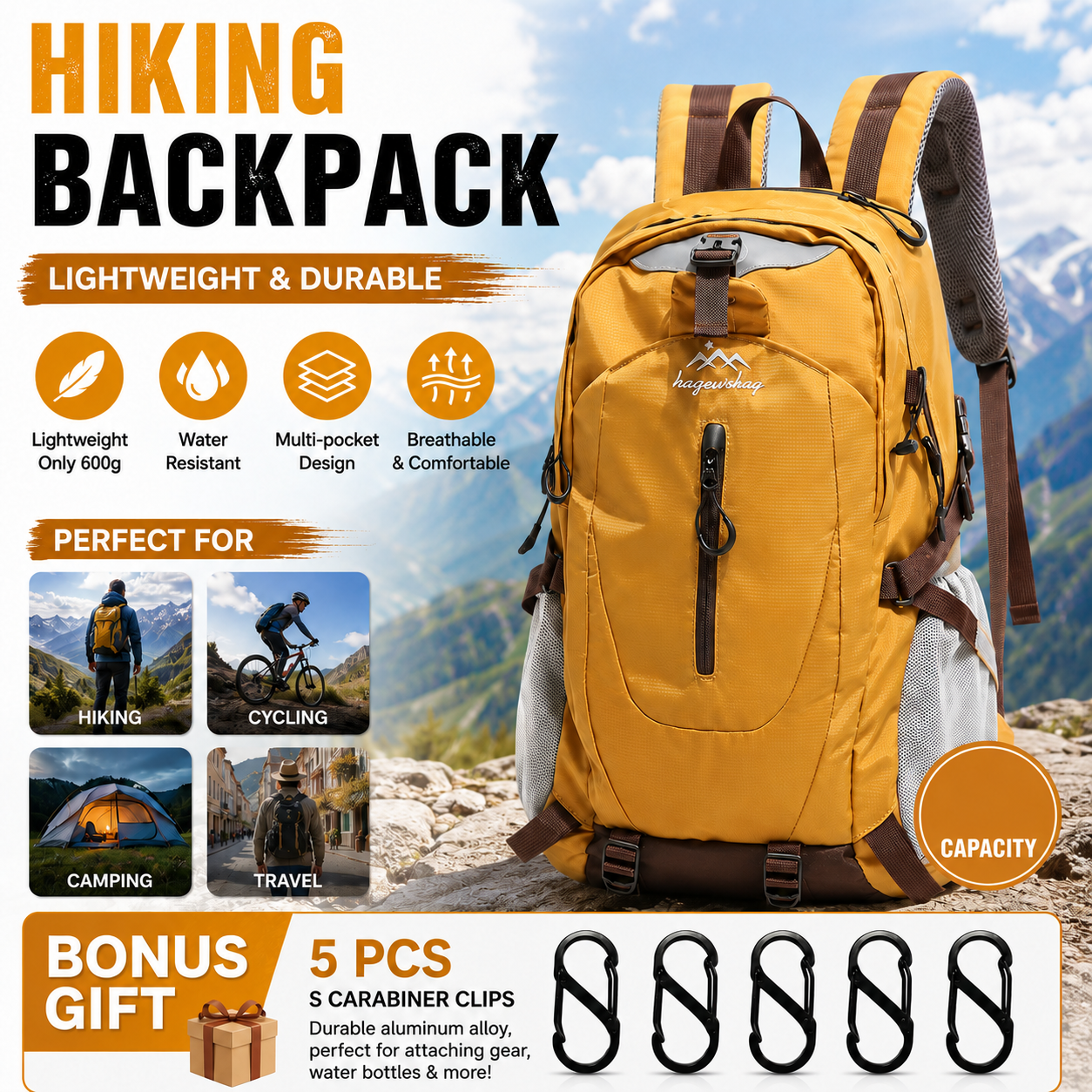 Yellow Hiking Backpack with 5 Carabiners Included â€“ Lightweight Waterproof Outdoor Daypack for Men and Women, Breathable Cycling Hiking Trekking Camping Travel Backpack