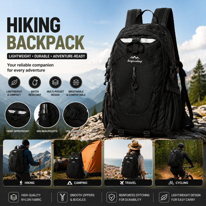 Black Outdoor Hiking Backpack - Lightweight Nylon Travel Daypack with Multi Pocket Storage, Water Resistant Design, Breathable Back Support for Trekking Camping Cycling Adventures