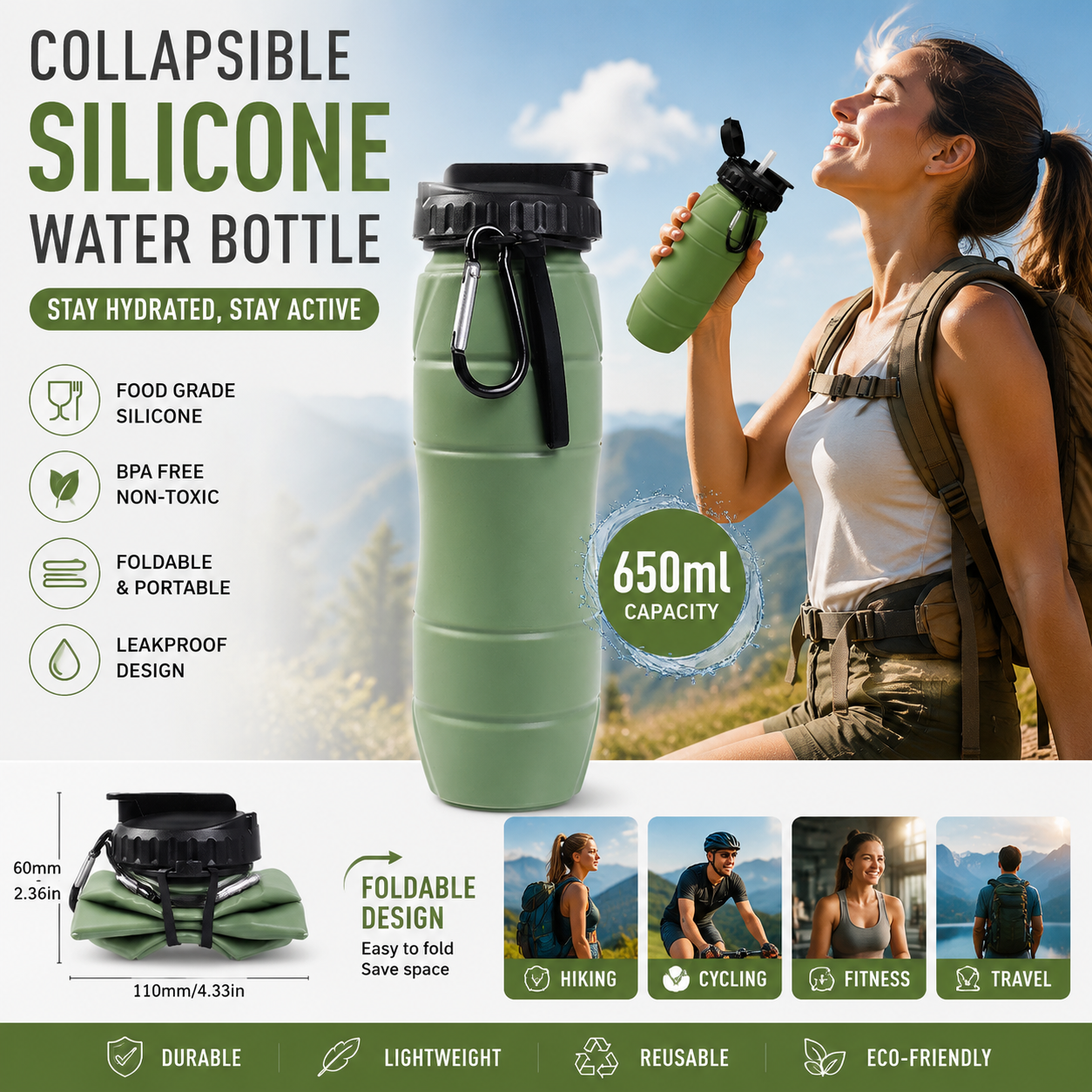 Olive green Collapsible Silicone Water Bottle - 650ml Foldable Travel Bottle with Straw Lid, Food Grade Silicone Hiking Flask, Leak Resistant Portable Water Bottle for Outdoor Sports Fitness Cycling