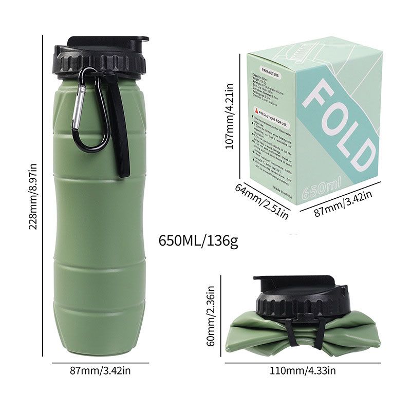 Olive green Collapsible Silicone Water Bottle - 650ml Foldable Travel Bottle with Straw Lid, Food Grade Silicone Hiking Flask, Leak Resistant Portable Water Bottle for Outdoor Sports Fitness Cycling