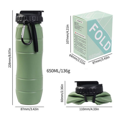 Olive green Collapsible Silicone Water Bottle - 650ml Foldable Travel Bottle with Straw Lid, Food Grade Silicone Hiking Flask, Leak Resistant Portable Water Bottle for Outdoor Sports Fitness Cycling