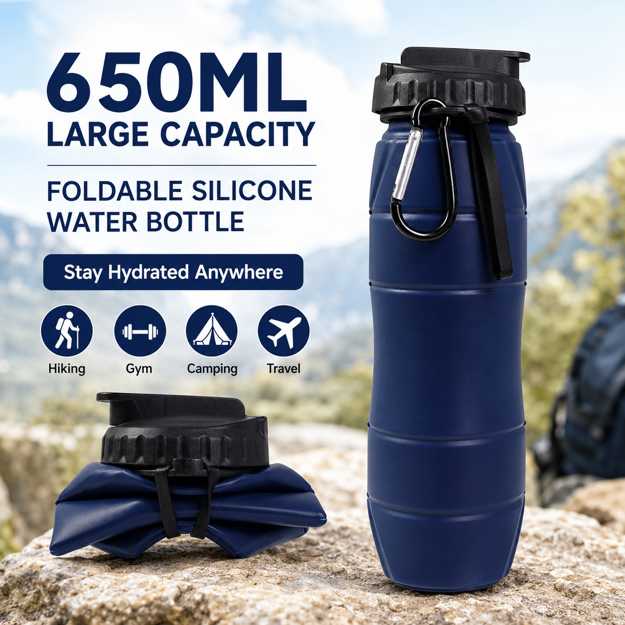Dark blue Collapsible Silicone Water Bottle - 650ml Foldable Travel Bottle with Straw Lid, Food Grade Silicone Hiking Flask, Leak Resistant Portable Water Bottle for Outdoor Sports Fitness Cycling