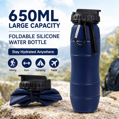 Dark blue Collapsible Silicone Water Bottle - 650ml Foldable Travel Bottle with Straw Lid, Food Grade Silicone Hiking Flask, Leak Resistant Portable Water Bottle for Outdoor Sports Fitness Cycling