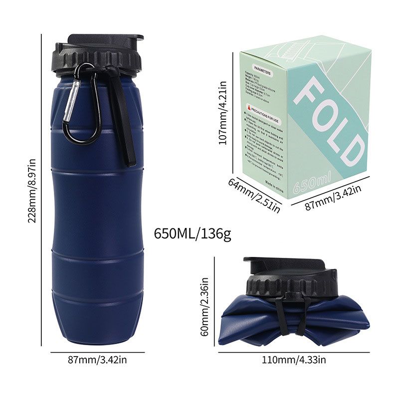Dark blue Collapsible Silicone Water Bottle - 650ml Foldable Travel Bottle with Straw Lid, Food Grade Silicone Hiking Flask, Leak Resistant Portable Water Bottle for Outdoor Sports Fitness Cycling