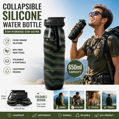 Camouflage green Collapsible Silicone Water Bottle - 650ml Foldable Travel Bottle with Straw Lid, Food Grade Silicone Hiking Flask, Leak Resistant Portable Water Bottle for Outdoor Sports Fitness Cycling
