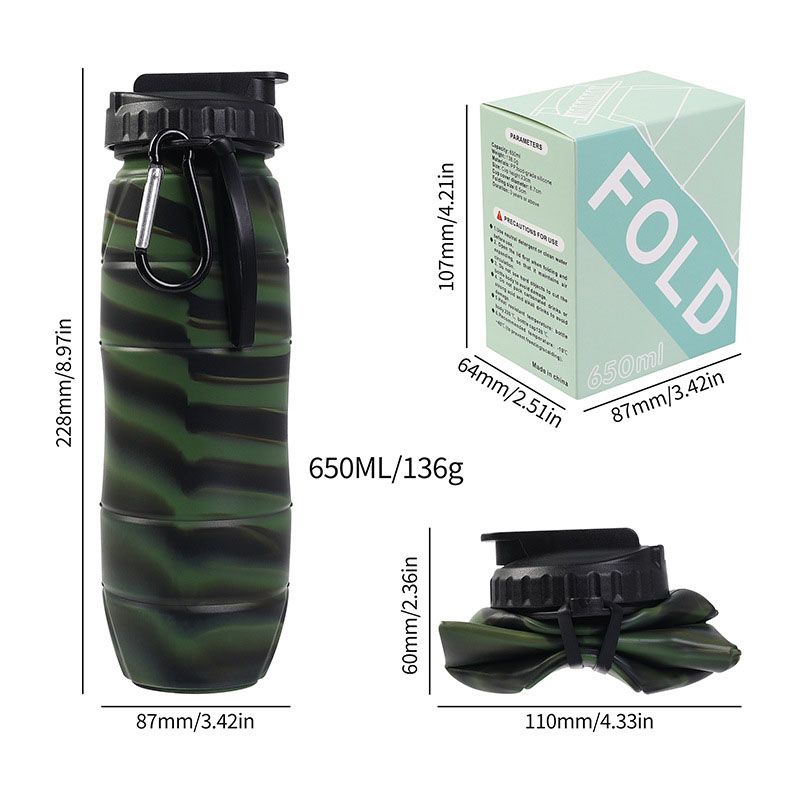 Camouflage green Collapsible Silicone Water Bottle - 650ml Foldable Travel Bottle with Straw Lid, Food Grade Silicone Hiking Flask, Leak Resistant Portable Water Bottle for Outdoor Sports Fitness Cycling